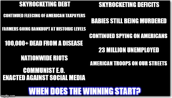 Winning | SKYROCKETING DEBT; SKYROCKETING DEFICITS; CONTINUED FLEECING OF AMERICAN TAXPAYERS; BABIES STILL BEING MURDERED; FARMERS GOING BANKRUPT AT HISTORIC LEVELS; CONTINUED SPYING ON AMERICANS; 100,000+ DEAD FROM A DISEASE; 23 MILLION UNEMPLOYED; NATIONWIDE RIOTS; AMERICAN TROOPS ON OUR STREETS; COMMUNIST E.O. ENACTED AGAINST SOCIAL MEDIA; WHEN DOES THE WINNING START? | image tagged in politics,donald trump derp | made w/ Imgflip meme maker