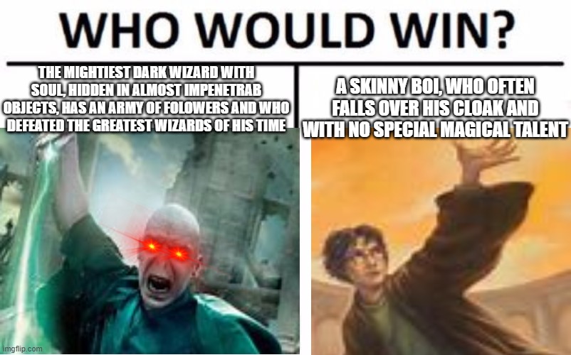 THE MIGHTIEST DARK WIZARD WITH SOUL, HIDDEN IN ALMOST IMPENETRAB OBJECTS, HAS AN ARMY OF FOLOWERS AND WHO DEFEATED THE GREATEST WIZARDS OF HIS TIME; A SKINNY BOI, WHO OFTEN FALLS OVER HIS CLOAK AND WITH NO SPECIAL MAGICAL TALENT | image tagged in harry potter meme,funny | made w/ Imgflip meme maker
