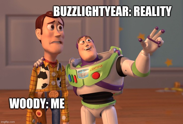 X, X Everywhere | BUZZLIGHTYEAR: REALITY; WOODY: ME | image tagged in memes,x x everywhere | made w/ Imgflip meme maker