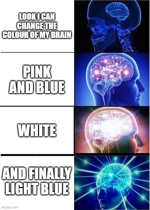 Expanding Brain | LOOK I CAN CHANGE THE COLOUR OF MY BRAIN; PINK AND BLUE; WHITE; AND FINALLY LIGHT BLUE | image tagged in memes,expanding brain | made w/ Imgflip meme maker