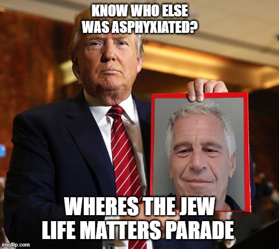 epstien2234 | KNOW WHO ELSE WAS ASPHYXIATED? WHERES THE JEW LIFE MATTERS PARADE | image tagged in jeffrey epstein | made w/ Imgflip meme maker