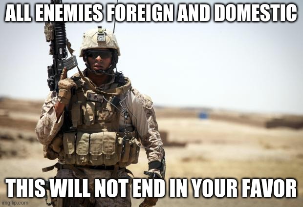 Let loose the dogs of war | ALL ENEMIES FOREIGN AND DOMESTIC; THIS WILL NOT END IN YOUR FAVOR | image tagged in soldier,all enemies foreign and domestic,let loose the dogs of war,domestic terrorists,crush antifa,fill gitmo or morgues | made w/ Imgflip meme maker