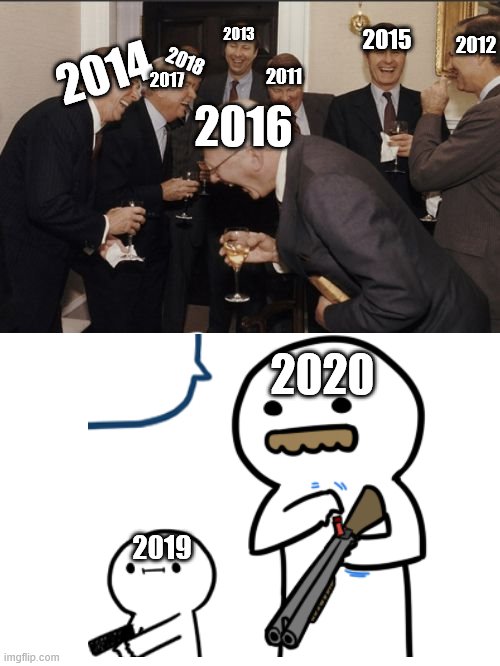 Laughing Men In Suits | 2012; 2013; 2015; 2014; 2018; 2011; 2016; 2017; 2020; 2019 | image tagged in memes,laughing men in suits | made w/ Imgflip meme maker