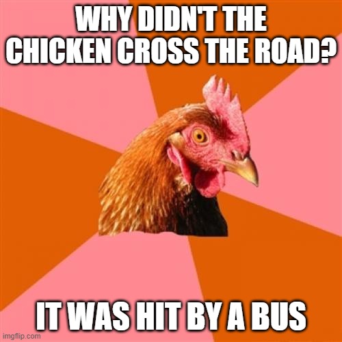 Anti Joke Chicken | WHY DIDN'T THE CHICKEN CROSS THE ROAD? IT WAS HIT BY A BUS | image tagged in memes,anti joke chicken | made w/ Imgflip meme maker