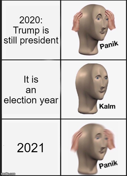 Democrats | 2020: Trump is still president; It is an election year; 2021 | image tagged in memes,panik kalm panik,trump,four more years | made w/ Imgflip meme maker