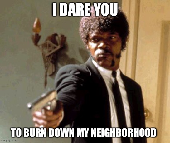 Say That Again I Dare You | I DARE YOU; TO BURN DOWN MY NEIGHBORHOOD | image tagged in memes,say that again i dare you | made w/ Imgflip meme maker