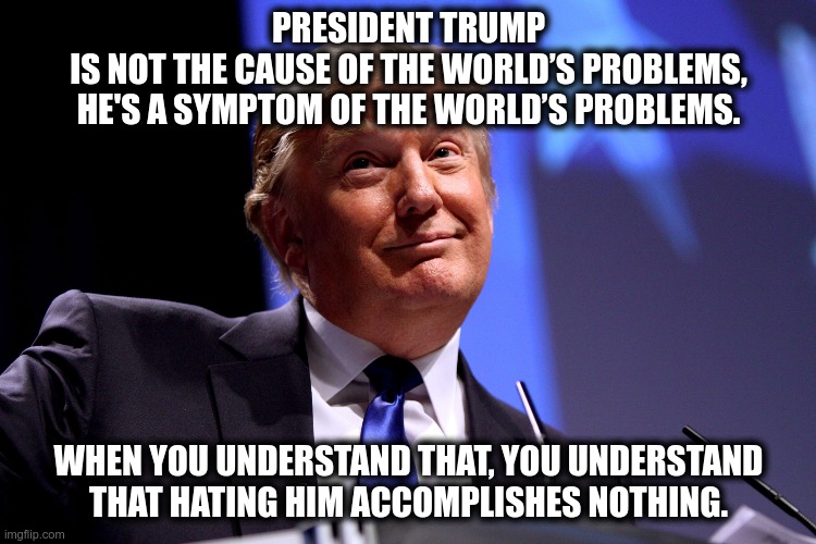 President Trump is not the cause of the world’s problems, he's a symptom of the world’s problems. | PRESIDENT TRUMP
IS NOT THE CAUSE OF THE WORLD’S PROBLEMS,
HE'S A SYMPTOM OF THE WORLD’S PROBLEMS. WHEN YOU UNDERSTAND THAT, YOU UNDERSTAND THAT HATING HIM ACCOMPLISHES NOTHING. | image tagged in donald trump no2,trump,donald trump | made w/ Imgflip meme maker