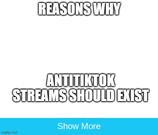REASONS WHY; ANTITIKTOK STREAMS SHOULD EXIST | image tagged in blank white template,show more | made w/ Imgflip meme maker