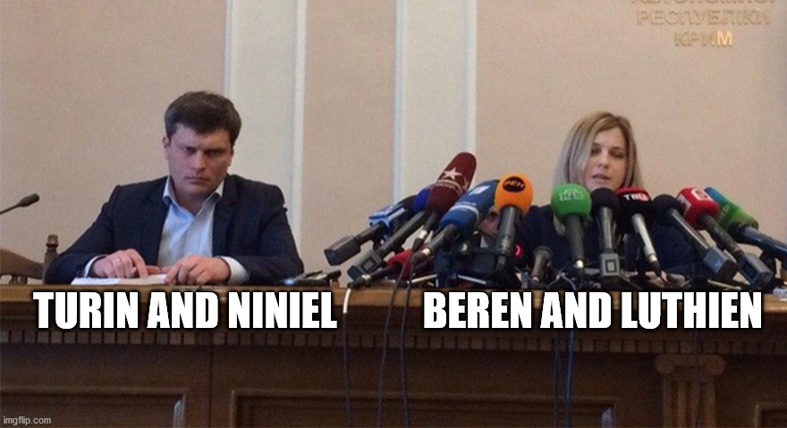 Man and woman microphone | BEREN AND LUTHIEN; TURIN AND NINIEL | image tagged in man and woman microphone | made w/ Imgflip meme maker