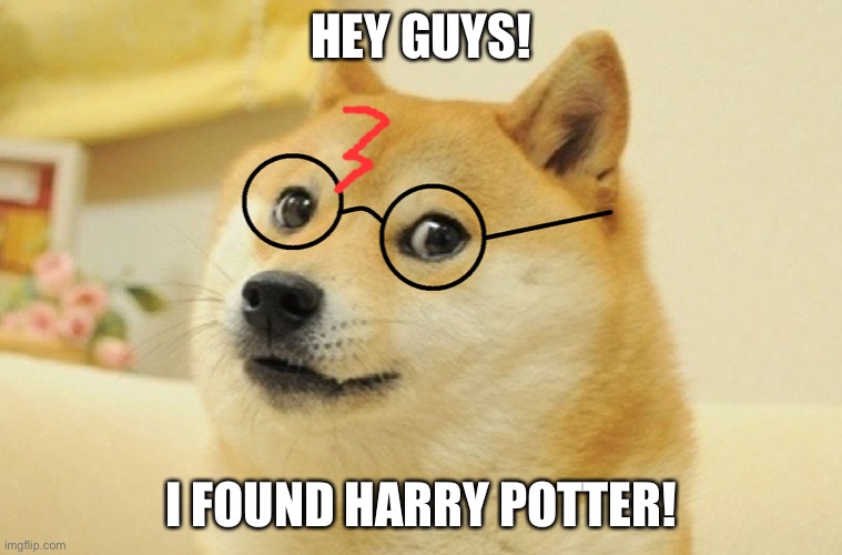 I did it | HEY GUYS! I FOUND HARRY POTTER! | image tagged in doge glasses | made w/ Imgflip meme maker