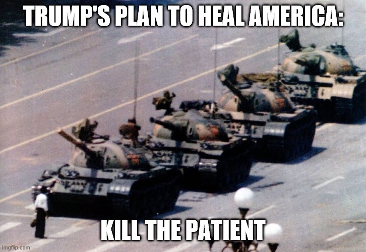 trump's plan to heal americ | TRUMP'S PLAN TO HEAL AMERICA:; KILL THE PATIENT | image tagged in protests,trump,healing,tiananmensqure | made w/ Imgflip meme maker