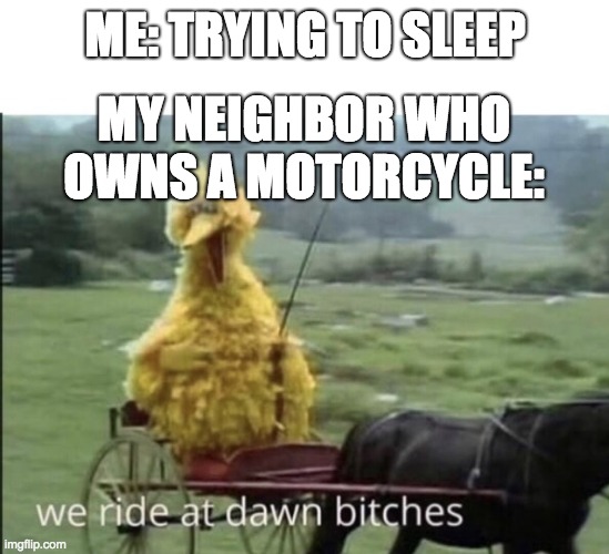 We ride at dawn bitches | ME: TRYING TO SLEEP; MY NEIGHBOR WHO OWNS A MOTORCYCLE: | image tagged in we ride at dawn bitches | made w/ Imgflip meme maker