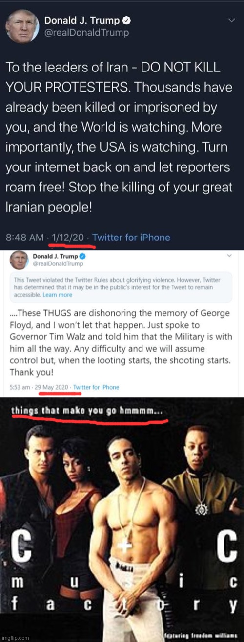 Our President has had quite the philosophical evolution over just 4.5 months | image tagged in things that make you go hmmm,donald trump tweet iran protests,trump tweet looting shooting,police brutality,conservative hypocri | made w/ Imgflip meme maker