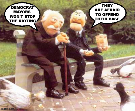 Statler and Waldorf bench | THEY ARE AFRAID TO OFFEND THEIR BASE; DEMOCRAT MAYORS  WON'T STOP THE RIOTING | image tagged in statler and waldorf bench,democrats | made w/ Imgflip meme maker