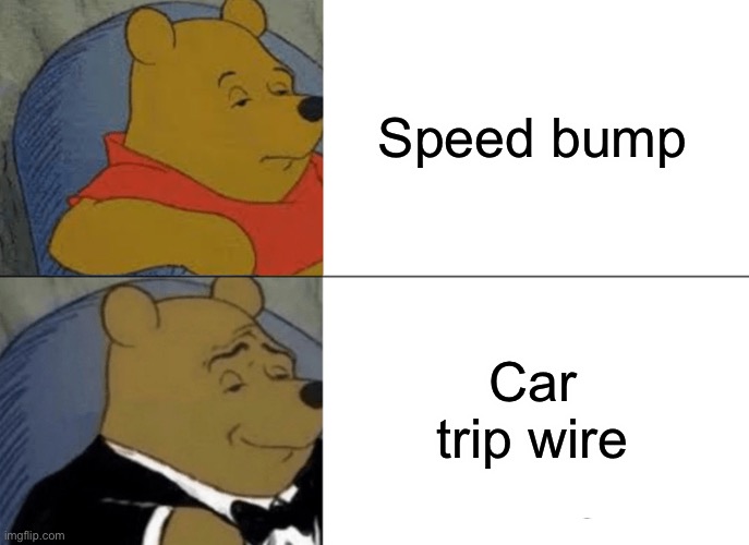 Tuxedo Winnie The Pooh |  Speed bump; Car trip wire | image tagged in memes,tuxedo winnie the pooh,driving,lol,funny,speed bump | made w/ Imgflip meme maker