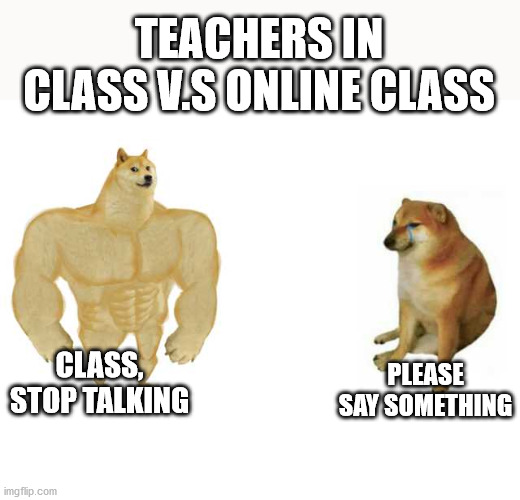 Buff Doge vs. Cheems | TEACHERS IN CLASS V.S ONLINE CLASS; PLEASE SAY SOMETHING; CLASS, STOP TALKING | image tagged in strong doge weak doge | made w/ Imgflip meme maker