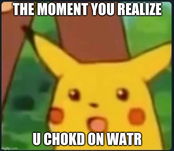 i chokd on watr today and made dis | THE MOMENT YOU REALIZE; U CHOKD ON WATR | image tagged in surprised pikachu | made w/ Imgflip meme maker