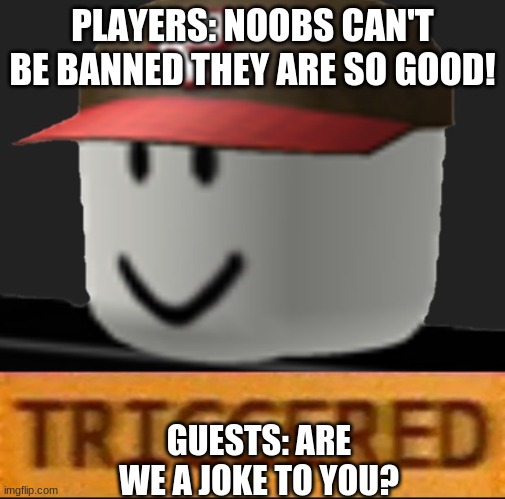 u realise guests are just people too | PLAYERS: NOOBS CAN'T BE BANNED THEY ARE SO GOOD! GUESTS: ARE WE A JOKE TO YOU? | image tagged in roblox triggered | made w/ Imgflip meme maker