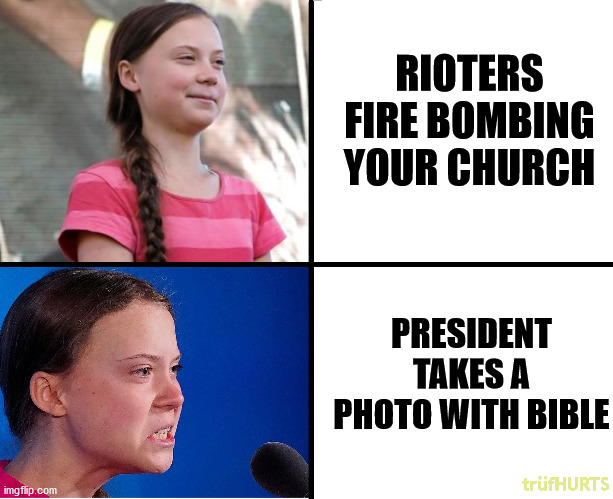 And Jesus said, go and burn the church | RIOTERS FIRE BOMBING YOUR CHURCH; PRESIDENT TAKES A PHOTO WITH BIBLE; trüfHURTS | image tagged in greta thunberg how dare you,tds,children,angry,catholic church | made w/ Imgflip meme maker