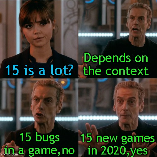 Is Four A Lot | Depends on the context; 15 is a lot? 15 bugs in a game,no; 15 new games in 2020,yes | image tagged in is four a lot | made w/ Imgflip meme maker