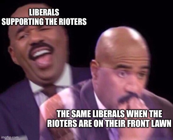 Don’t support something unless you want it to happen to you | LIBERALS SUPPORTING THE RIOTERS; THE SAME LIBERALS WHEN THE RIOTERS ARE ON THEIR FRONT LAWN | image tagged in steve harvey laughing serious | made w/ Imgflip meme maker