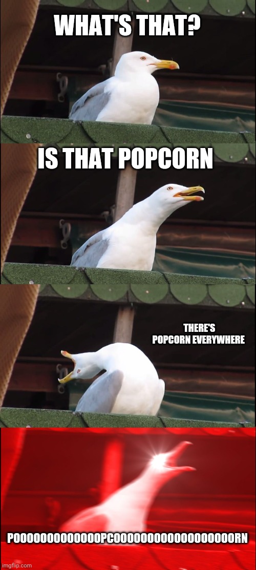 Inhaling Seagull | WHAT'S THAT? IS THAT POPCORN; THERE'S POPCORN EVERYWHERE; POOOOOOOOOOOOOPCOOOOOOOOOOOOOOOOOORN | image tagged in memes,inhaling seagull | made w/ Imgflip meme maker