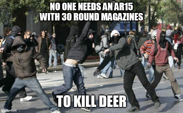 Subversive "deer" | NO ONE NEEDS AN AR15 WITH 30 ROUND MAGAZINES; TO KILL DEER | image tagged in rioters,2nd amendment,antifa,subversion | made w/ Imgflip meme maker