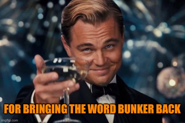 Leonardo Dicaprio Cheers Meme | FOR BRINGING THE WORD BUNKER BACK | image tagged in memes,leonardo dicaprio cheers | made w/ Imgflip meme maker