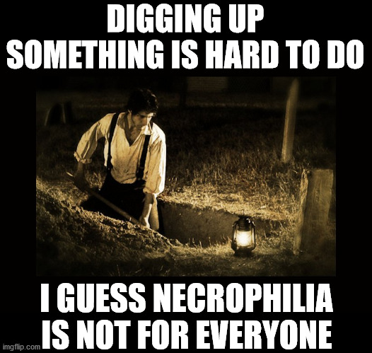 grave digger | DIGGING UP SOMETHING IS HARD TO DO; I GUESS NECROPHILIA IS NOT FOR EVERYONE | image tagged in grave digger | made w/ Imgflip meme maker