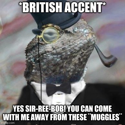Lizard Squad | *BRITISH ACCENT* YES SIR-REE-BOB! YOU CAN COME WITH ME AWAY FROM THESE ¨MUGGLES¨ | image tagged in lizard squad | made w/ Imgflip meme maker
