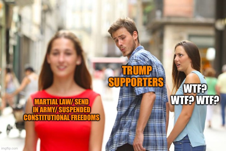 Distracted Boyfriend Meme | MARTIAL LAW/ SEND IN ARMY/ SUSPENDED CONSTITUTIONAL FREEDOMS TRUMP SUPPORTERS WTF? WTF? WTF? | image tagged in memes,distracted boyfriend | made w/ Imgflip meme maker