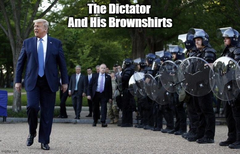 "The Dictator And His Brownshirts" |  The Dictator 
And His Brownshirts | image tagged in trump,storm troopers,brownshirts,fascist,autocrat,dictator | made w/ Imgflip meme maker