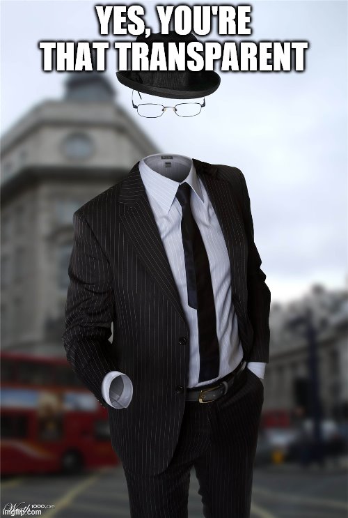 Invisible man | YES, YOU'RE THAT TRANSPARENT | image tagged in invisible man | made w/ Imgflip meme maker