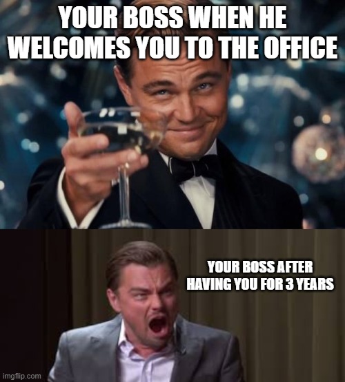 Work | YOUR BOSS WHEN HE WELCOMES YOU TO THE OFFICE; YOUR BOSS AFTER HAVING YOU FOR 3 YEARS | image tagged in memes,leonardo dicaprio cheers | made w/ Imgflip meme maker
