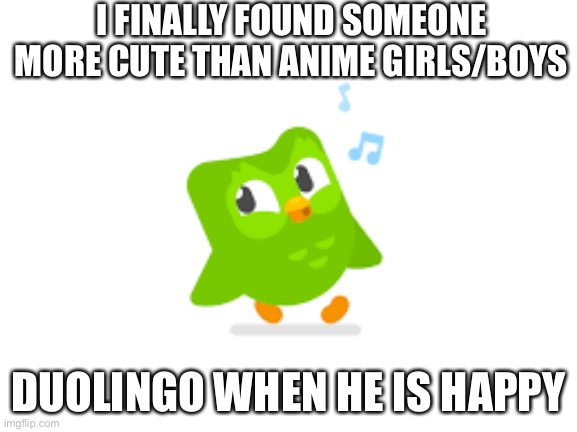 I did it | I FINALLY FOUND SOMEONE MORE CUTE THAN ANIME GIRLS/BOYS; DUOLINGO WHEN HE IS HAPPY | image tagged in anime,duolingo | made w/ Imgflip meme maker