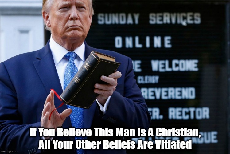 "If You Believe This Man Is A Christian, Then..." | If You Believe This Man Is A Christian,
All Your Other Beliefs Are Vitiated | image tagged in trump,christian,antichrist,the worst angels of our nature,deplorable donald,despicable donald | made w/ Imgflip meme maker