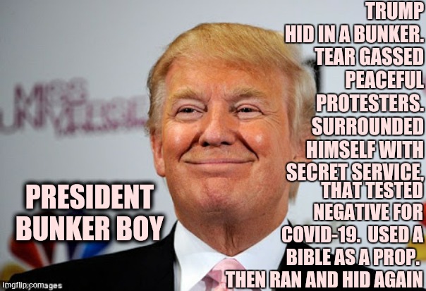 Bunker Boy | TRUMP HID IN A BUNKER. TEAR GASSED PEACEFUL PROTESTERS.  SURROUNDED HIMSELF WITH SECRET SERVICE, PRESIDENT BUNKER BOY; THAT TESTED NEGATIVE FOR COVID-19.  USED A BIBLE AS A PROP.  THEN RAN AND HID AGAIN | image tagged in donald trump approves,memes,trump unfit unqualified dangerous,liar in chief,bunker boy,trump sucks | made w/ Imgflip meme maker