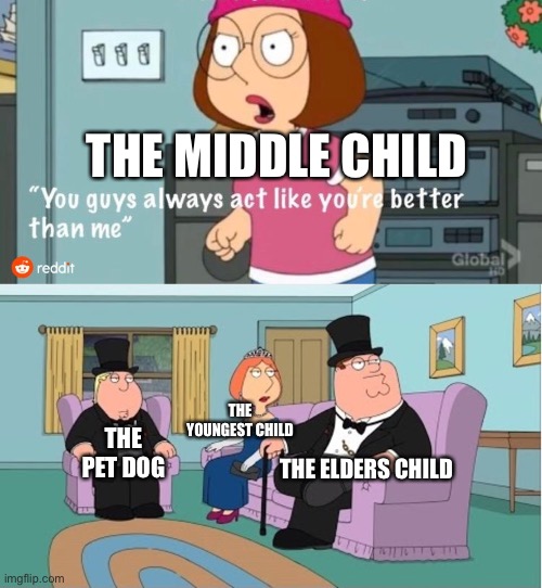 I’m not a middle child yay | THE MIDDLE CHILD; THE YOUNGEST CHILD; THE ELDERS CHILD; THE PET DOG | image tagged in you guys always act like you're better than me | made w/ Imgflip meme maker