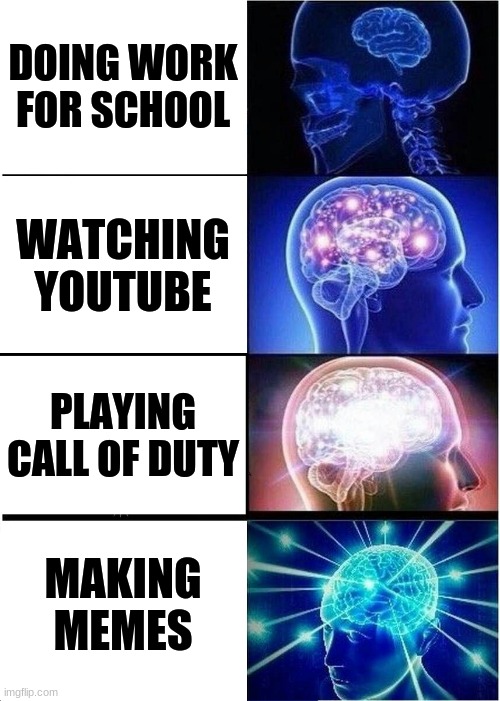 memes are best | DOING WORK FOR SCHOOL; WATCHING YOUTUBE; PLAYING CALL OF DUTY; MAKING MEMES | image tagged in memes,expanding brain | made w/ Imgflip meme maker