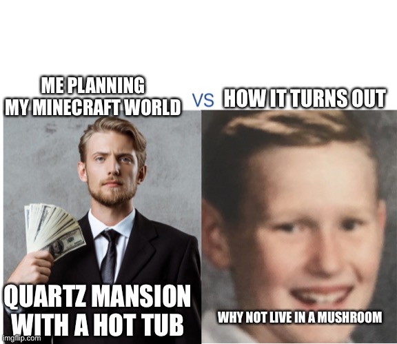 A common disappointment | HOW IT TURNS OUT; ME PLANNING MY MINECRAFT WORLD; QUARTZ MANSION WITH A HOT TUB; WHY NOT LIVE IN A MUSHROOM | image tagged in expectations gone down,funny memes,living in the dumps | made w/ Imgflip meme maker