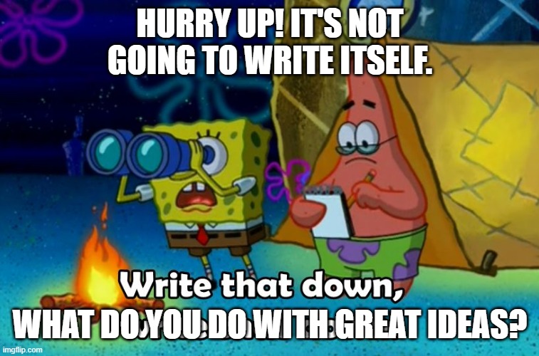 Capturing good ideas! | HURRY UP! IT'S NOT GOING TO WRITE ITSELF. WHAT DO YOU DO WITH GREAT IDEAS? | image tagged in write that down | made w/ Imgflip meme maker