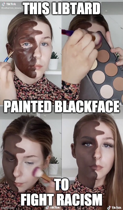 Can't make this up! | THIS LIBTARD; PAINTED BLACKFACE; TO FIGHT RACISM | image tagged in blm | made w/ Imgflip meme maker