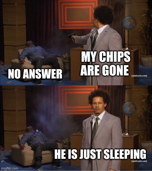 hmmmm | MY CHIPS ARE GONE; NO ANSWER; HE IS JUST SLEEPING | image tagged in memes,who killed hannibal | made w/ Imgflip meme maker