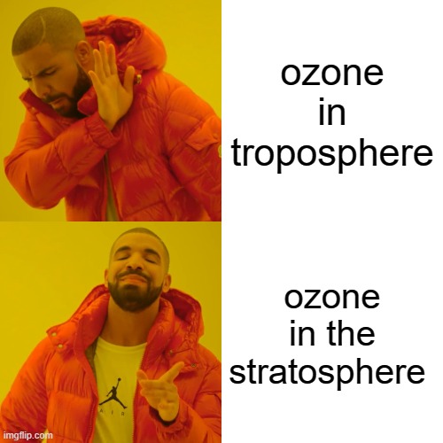 Ozone be like | ozone in troposphere; ozone in the stratosphere | image tagged in memes,drake hotline bling | made w/ Imgflip meme maker