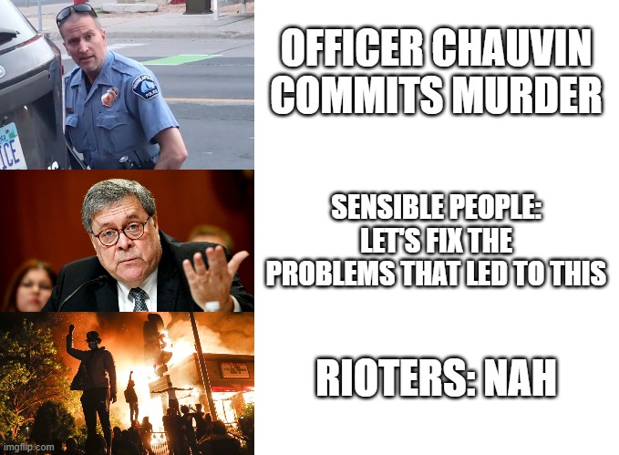 If you support rioters instead of William Barr, you *might* be part of the problem. | OFFICER CHAUVIN COMMITS MURDER; SENSIBLE PEOPLE: LET'S FIX THE PROBLEMS THAT LED TO THIS; RIOTERS: NAH | image tagged in blank white template,william barr,derek chauvin,minneapolis riots | made w/ Imgflip meme maker