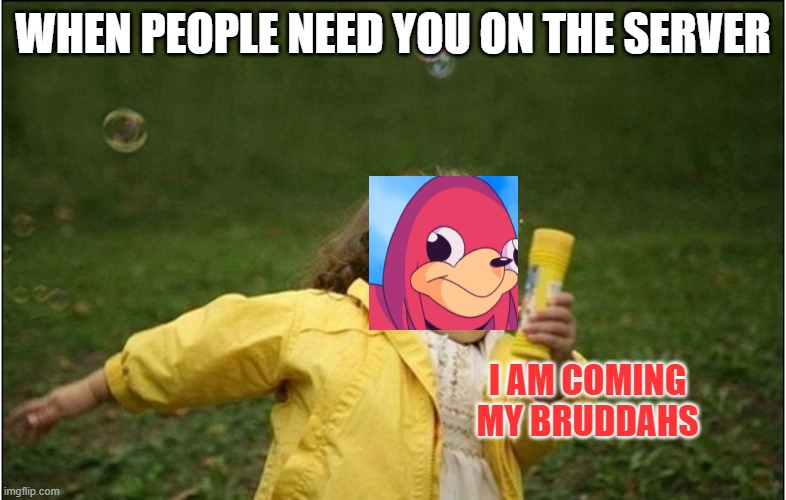 Little Girl Running Away | WHEN PEOPLE NEED YOU ON THE SERVER; I AM COMING MY BRUDDAHS | image tagged in little girl running away | made w/ Imgflip meme maker