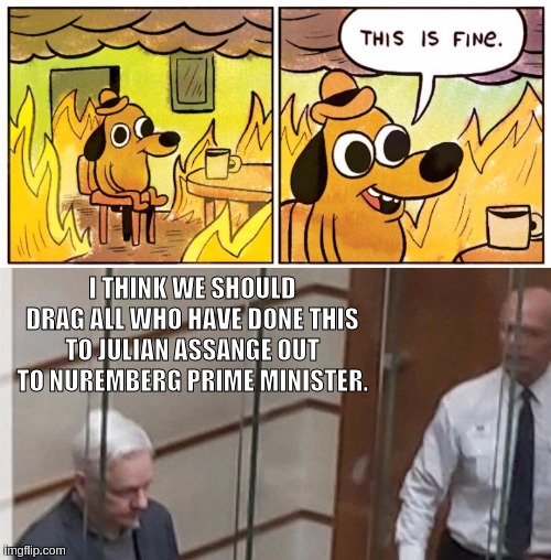 FREE ASSANGE | I THINK WE SHOULD DRAG ALL WHO HAVE DONE THIS TO JULIAN ASSANGE OUT TO NUREMBERG PRIME MINISTER. | image tagged in this is fine,prime minister,johnson,copy,queen elizabeth,parliament | made w/ Imgflip meme maker