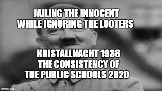 Literally Hitler | JAILING THE INNOCENT WHILE IGNORING THE LOOTERS; KRISTALLNACHT 1938 THE CONSISTENCY OF THE PUBLIC SCHOOLS 2020 | image tagged in literally hitler | made w/ Imgflip meme maker