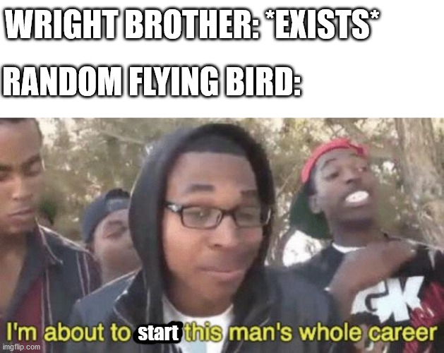 I’m about to end this man’s whole career | WRIGHT BROTHER: *EXISTS*; RANDOM FLYING BIRD:; start | image tagged in im about to end this mans whole career | made w/ Imgflip meme maker