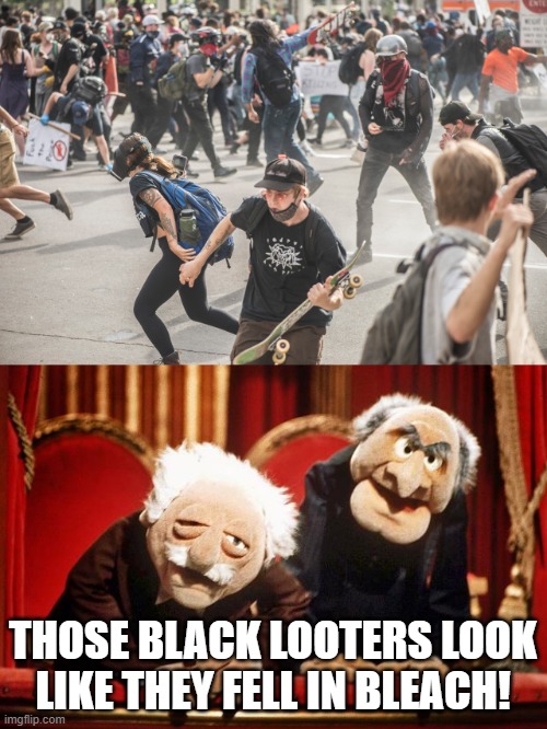 THOSE BLACK LOOTERS LOOK LIKE THEY FELL IN BLEACH! | image tagged in muppet smart asses -- rip henson | made w/ Imgflip meme maker